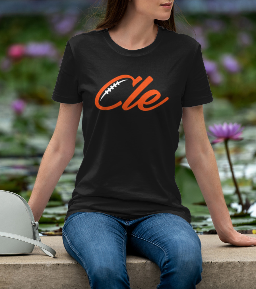 Cleveland Browns Cle Football Team Cle Script Text With Football Stitching T-Shirt