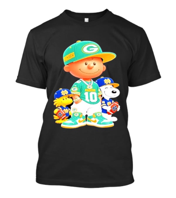 Peanuts Green Bay Packers Notre Dame Fighting Irish Football Characters Charlie Brown Snoopy Woodstock T-Shirt
