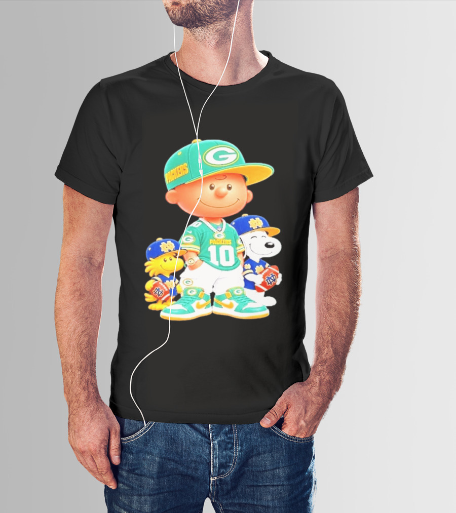 Peanuts Green Bay Packers Notre Dame Fighting Irish Football Characters Charlie Brown Snoopy Woodstock T-Shirt