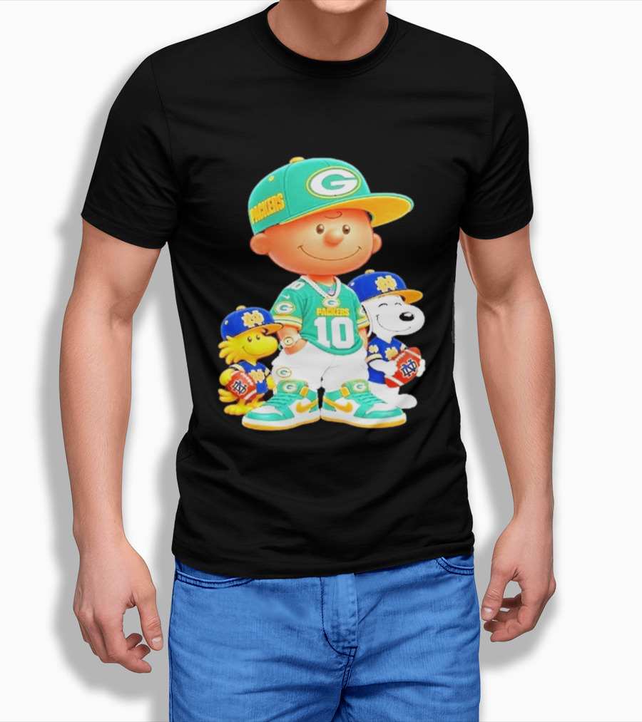 Peanuts Green Bay Packers Notre Dame Fighting Irish Football Characters Charlie Brown Snoopy Woodstock T-Shirt