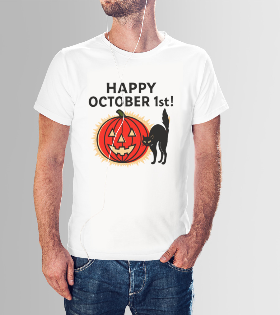 Happy October 1st Pumpkin Black Cat Halloween Celebration T-Shirt