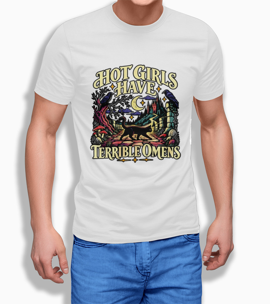Hot Girls Have Terrible Omens Gothic Cat Halloween Scene T-Shirt