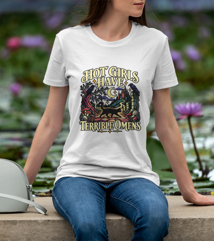 Hot Girls Have Terrible Omens Gothic Cat Halloween Scene T-Shirt
