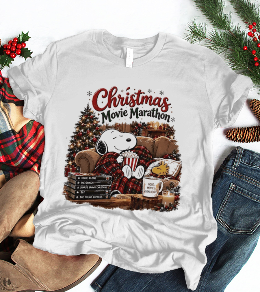 Christmas Movie Marathon Snoopy Popcorn Pajamas T-Shirt