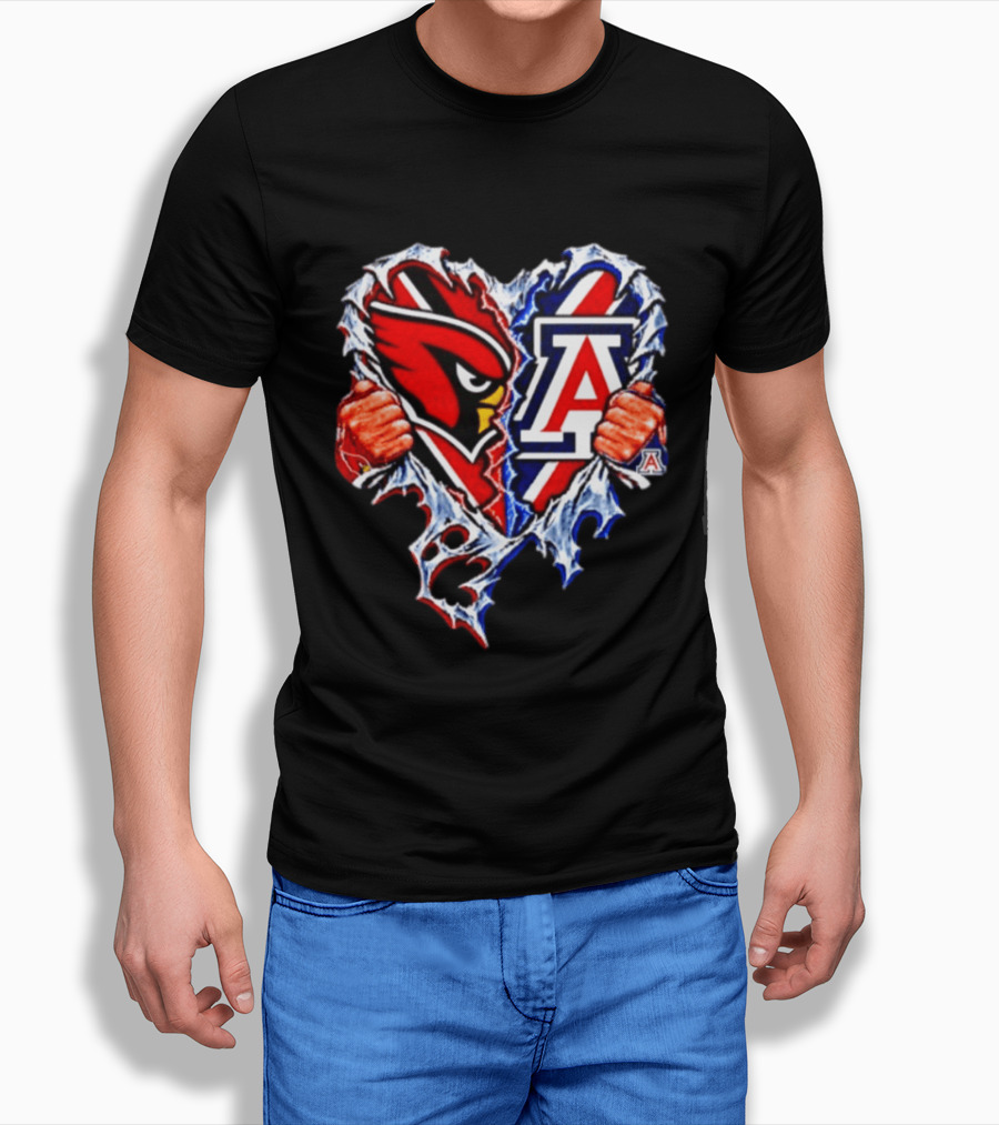 Arizona Cardinals And Wildcats Ripped Heart Dual Team Spirit T-Shirt