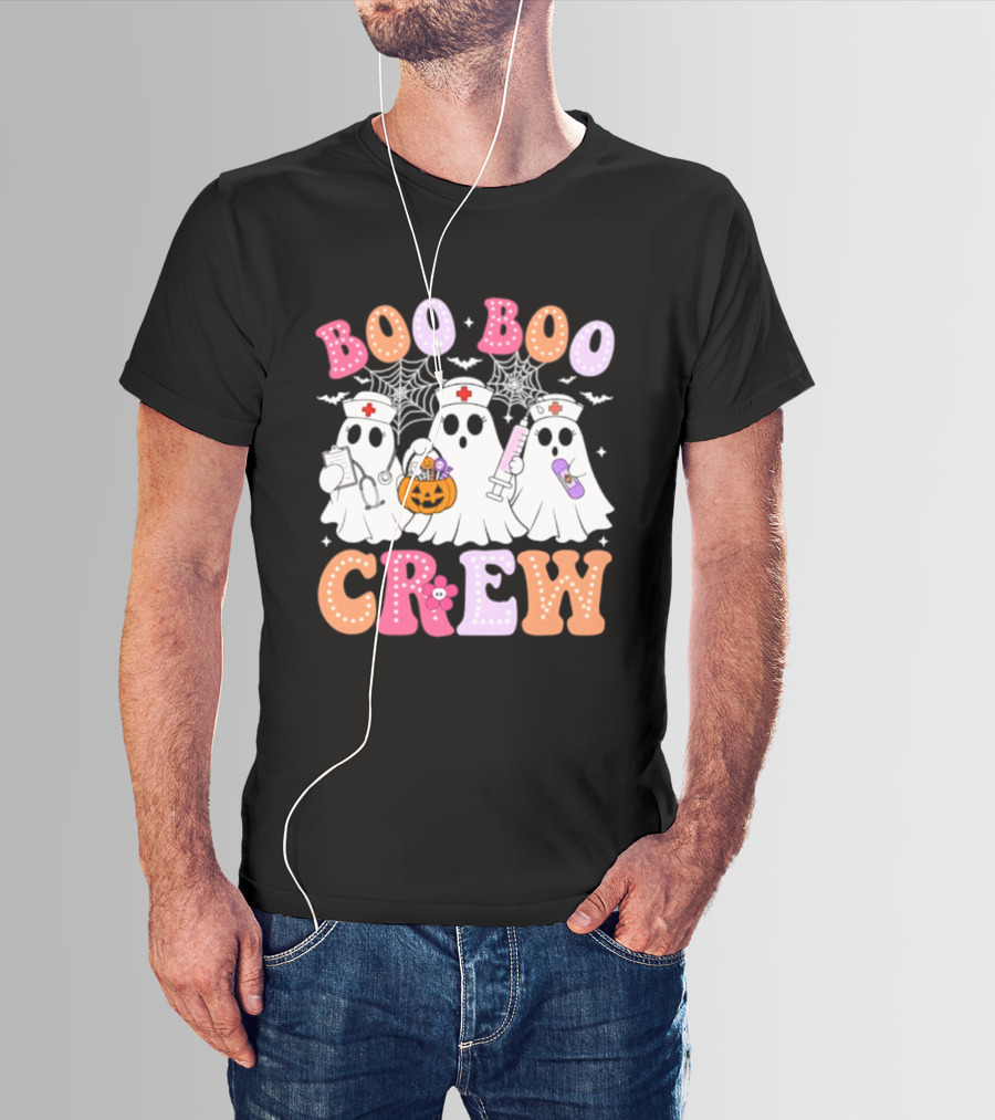 Boo Boo Crew Ghost Nurse Halloween Spooky Pumpkins And Webs T-Shirt