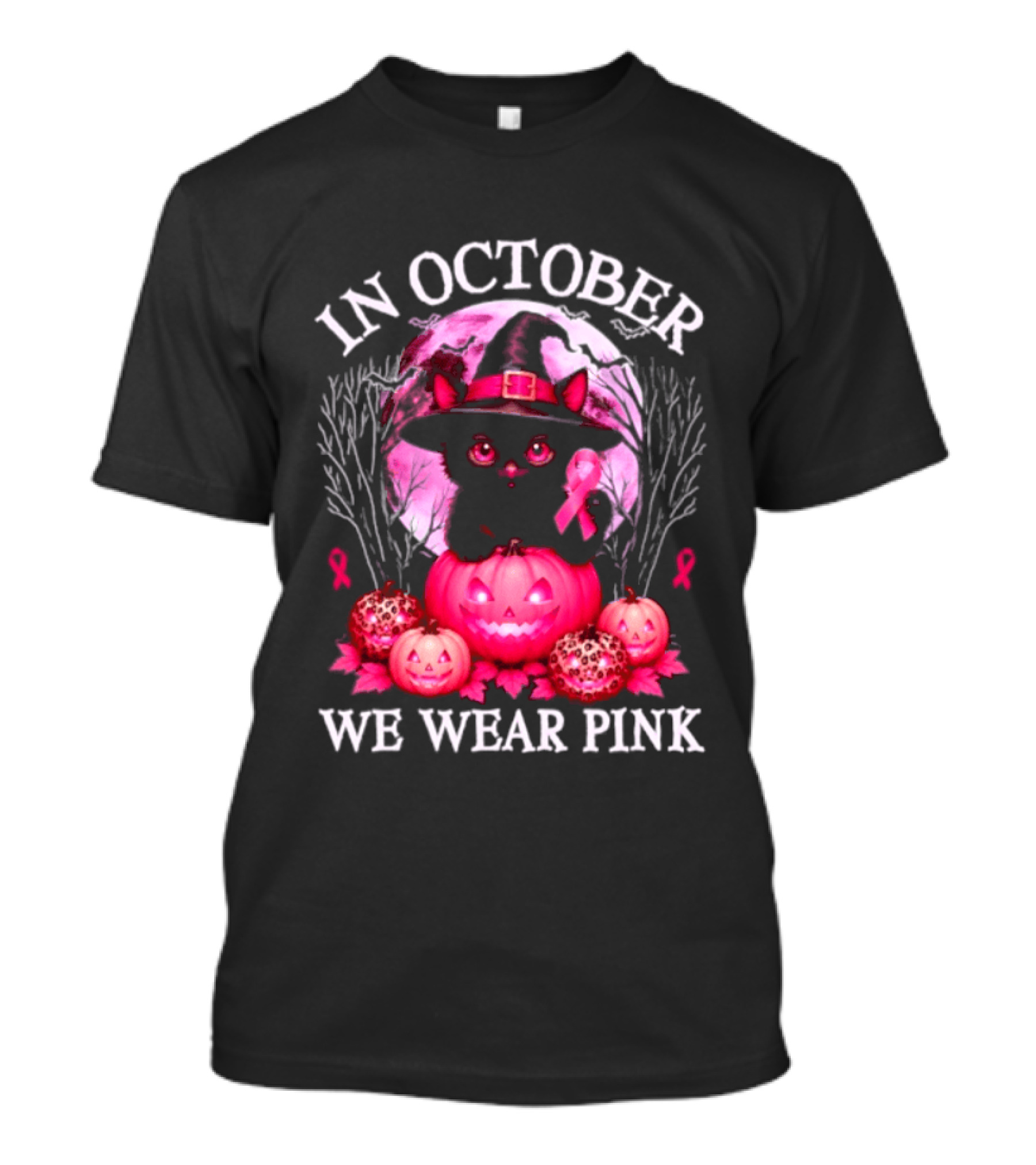 In October We Wear Pink Cat Witch Breast Cancer Awareness Halloween T-Shirt