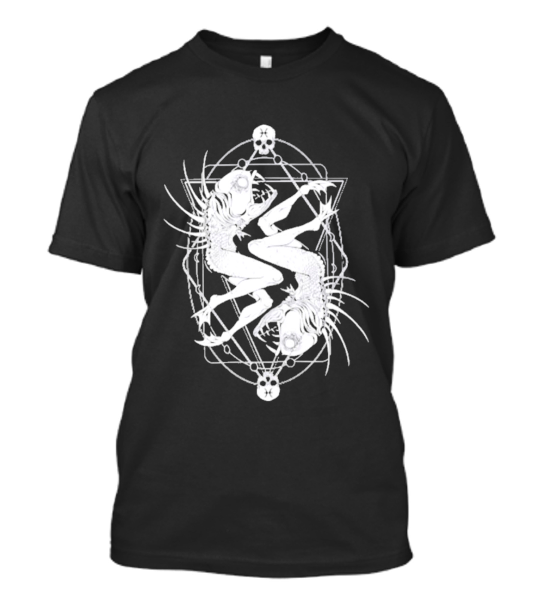 Half Woman Half Fish Skeleton Symmetry With Skulls T-Shirt