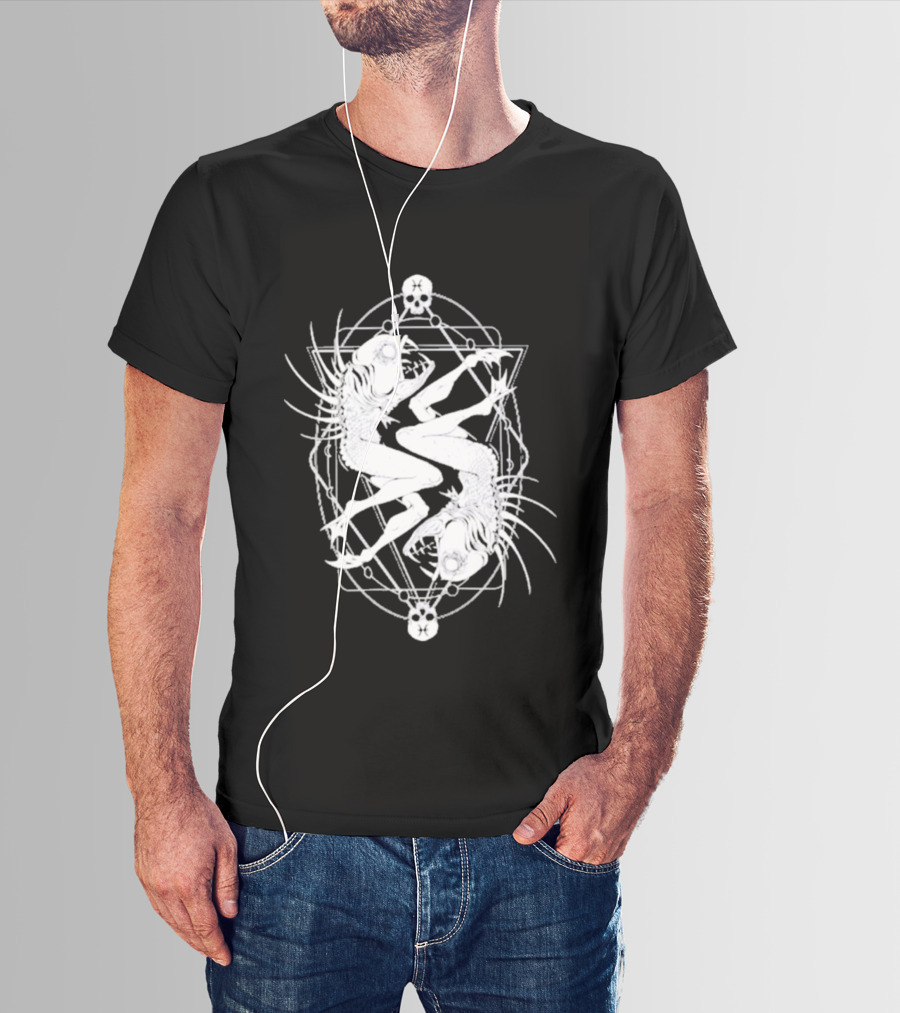 Half Woman Half Fish Skeleton Symmetry With Skulls T-Shirt