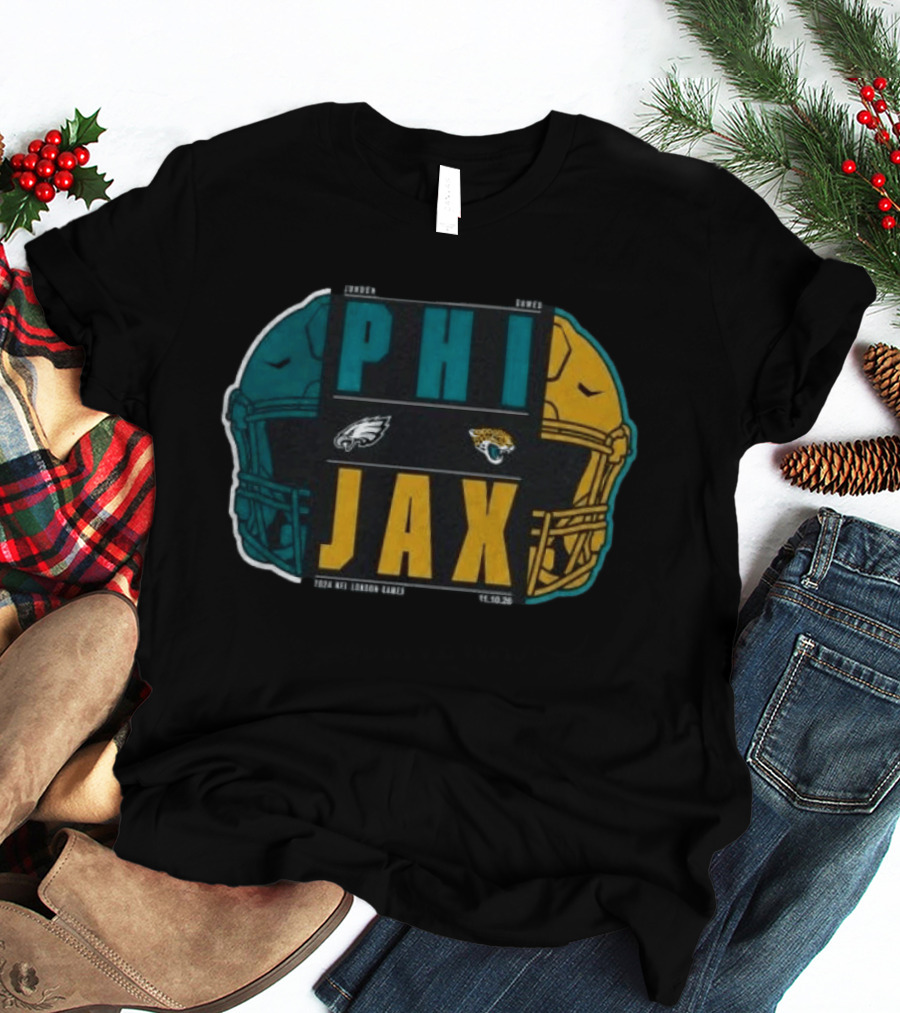 Jacksonville Jaguars Vs Philadelphia Eagles 2026 London Game International City Matchup Football Helmets Logos T-Shirt