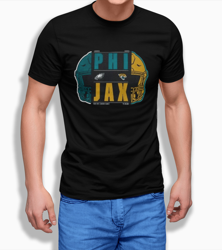 Jacksonville Jaguars Vs Philadelphia Eagles 2026 London Game International City Matchup Football Helmets Logos T-Shirt