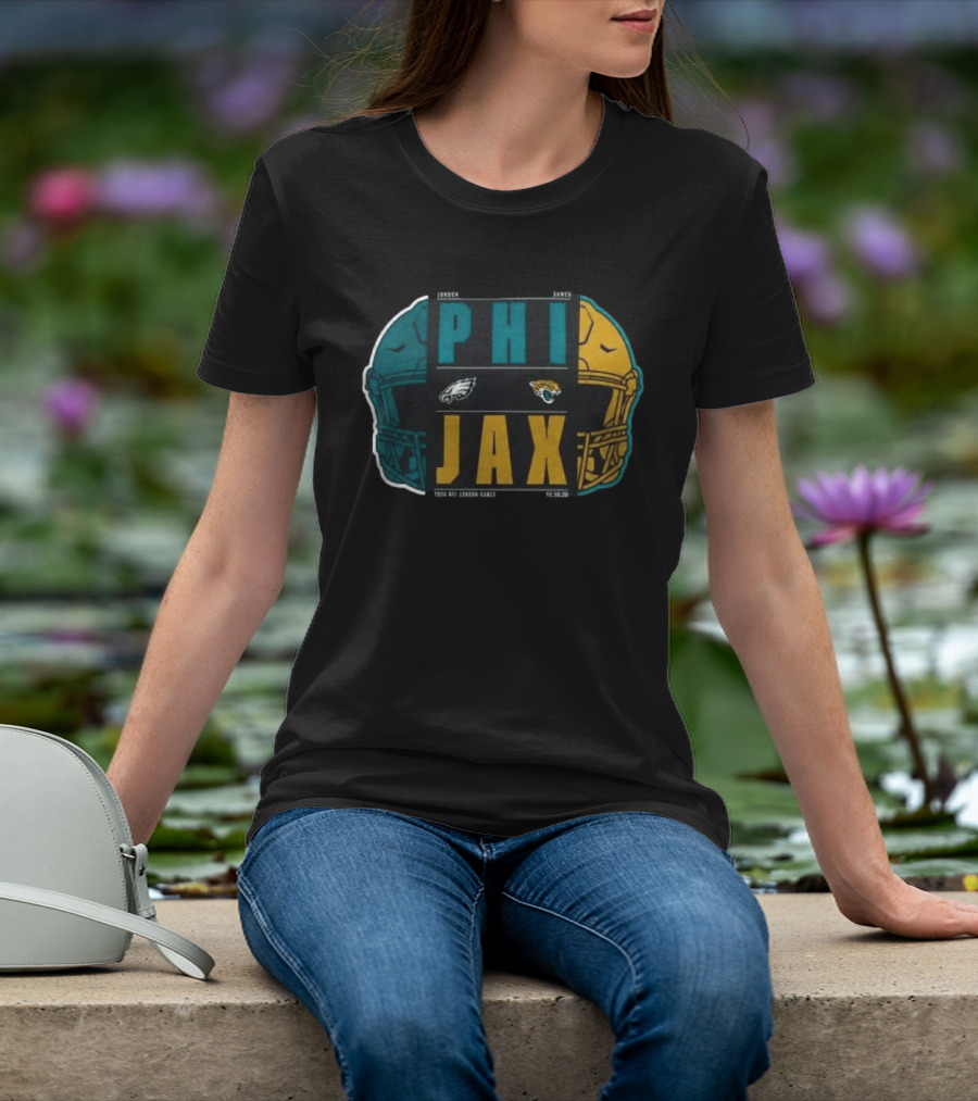 Jacksonville Jaguars Vs Philadelphia Eagles 2026 London Game International City Matchup Football Helmets Logos T-Shirt