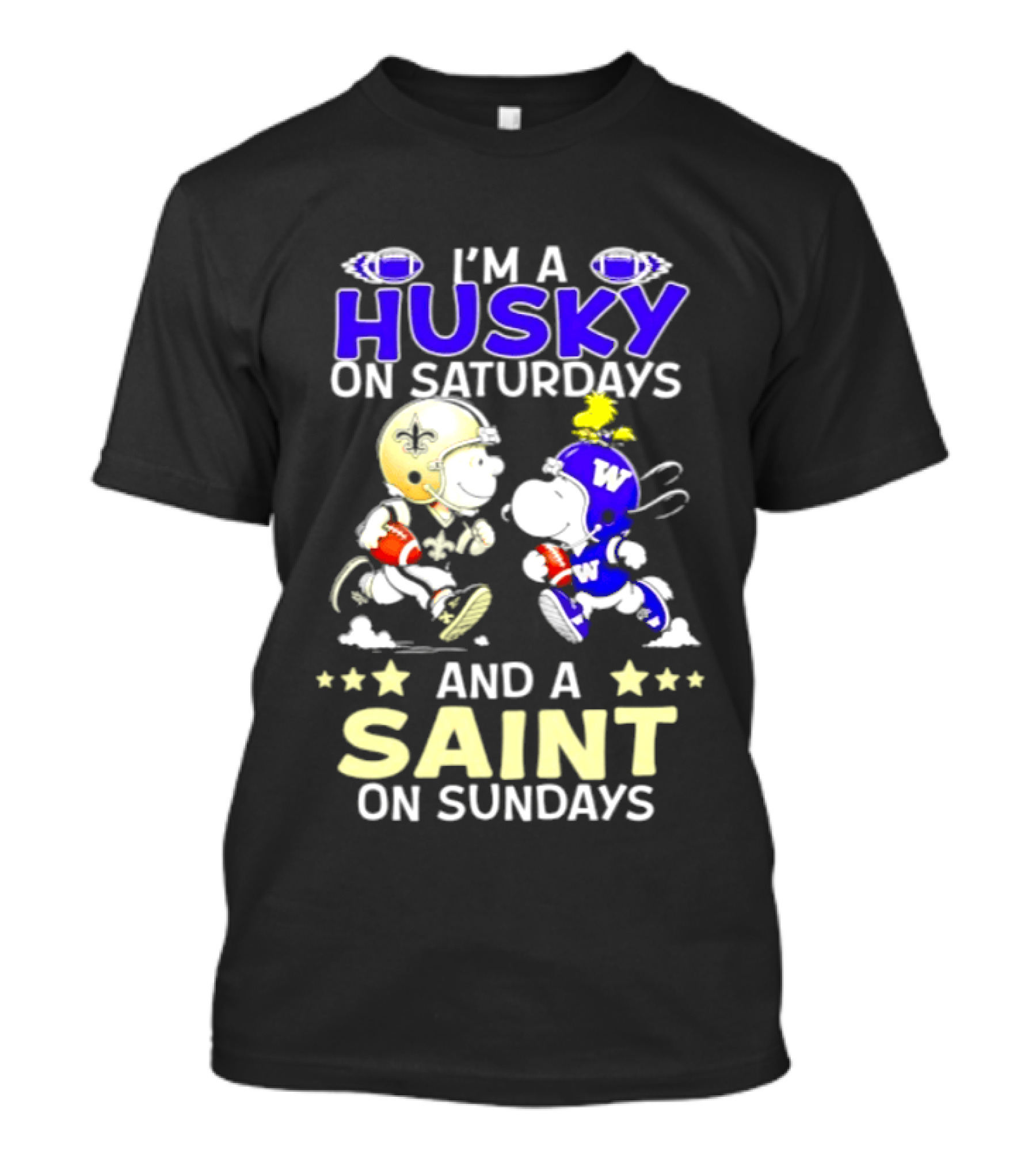 Peanuts I'm A Husky On Saturdays And A Saint On Sundays Football Charlie Brown Snoopy T-Shirt