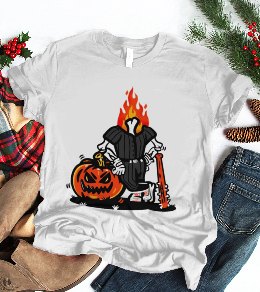 Flaming Pumpkin Head Baseball Player 2026 Halloween T-Shirt