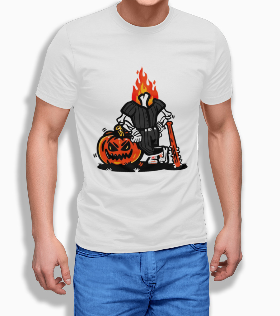 Flaming Pumpkin Head Baseball Player 2026 Halloween T-Shirt