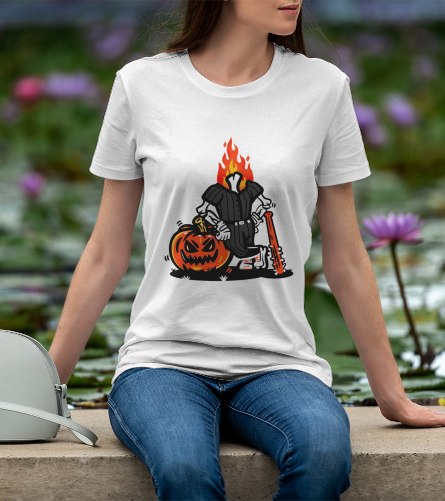 Flaming Pumpkin Head Baseball Player 2026 Halloween T-Shirt