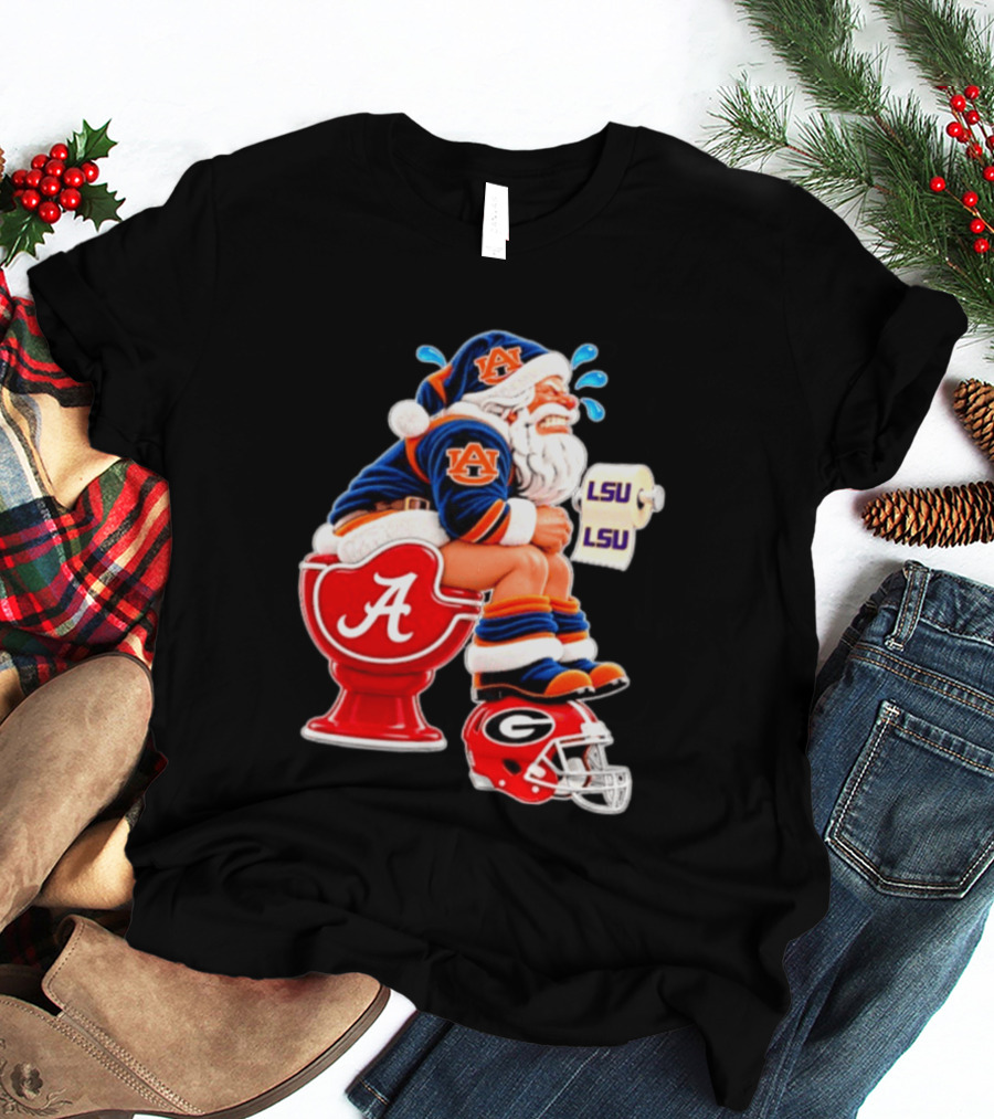 Auburn Santa On Alabama Crimson Tide Toilet With LSU Paper Georgia Bulldogs Helmet Football Humor T-Shirt