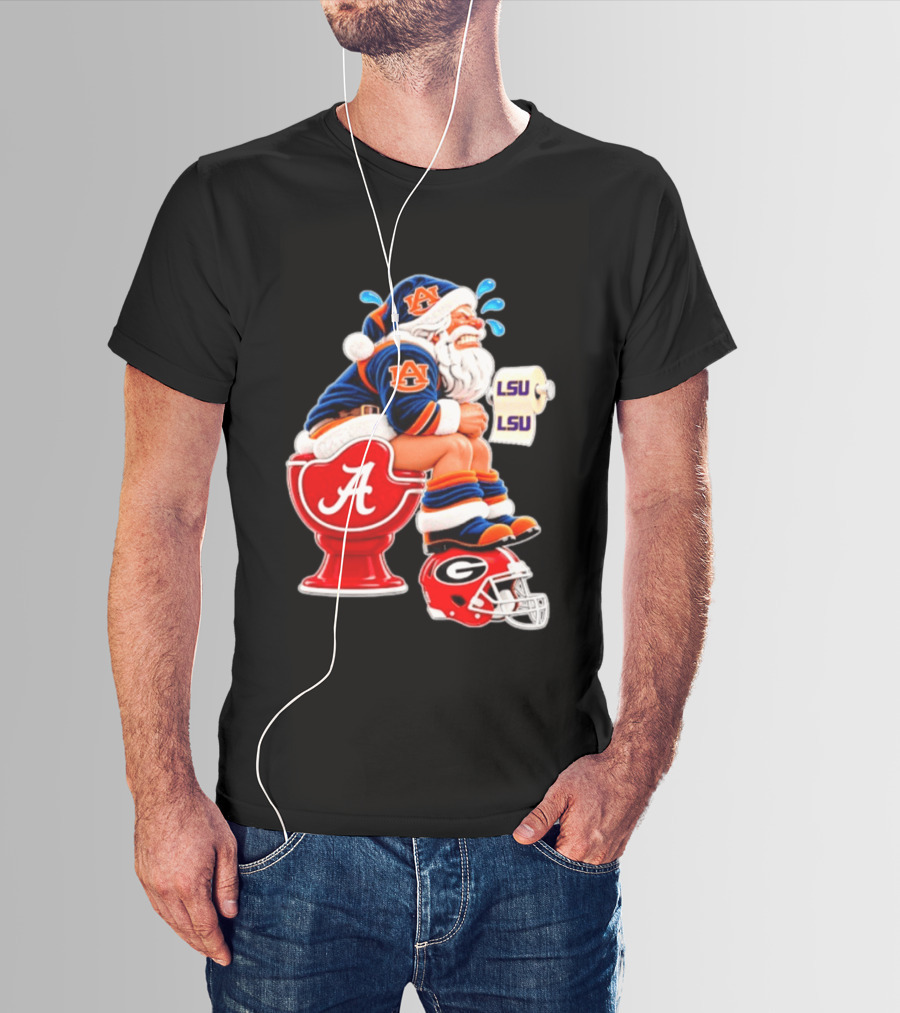 Auburn Santa On Alabama Crimson Tide Toilet With LSU Paper Georgia Bulldogs Helmet Football Humor T-Shirt