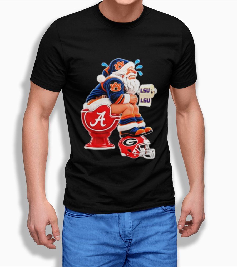 Auburn Santa On Alabama Crimson Tide Toilet With LSU Paper Georgia Bulldogs Helmet Football Humor T-Shirt