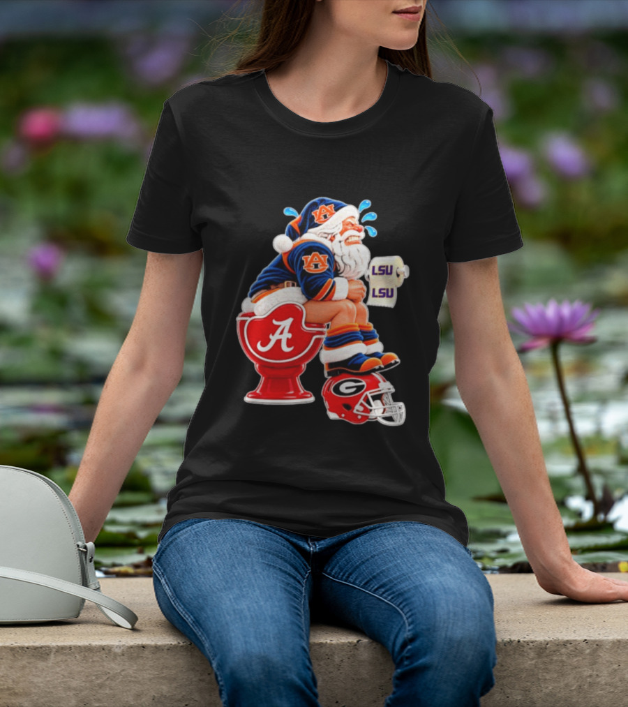 Auburn Santa On Alabama Crimson Tide Toilet With LSU Paper Georgia Bulldogs Helmet Football Humor T-Shirt