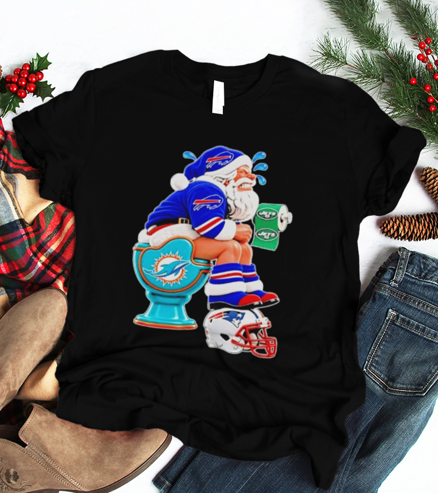 Buffalo Bills Santa On Miami Dolphins Toilet With NY Jets Paper And Patriots Helmet T-Shirt