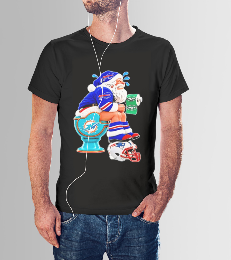 Buffalo Bills Santa On Miami Dolphins Toilet With NY Jets Paper And Patriots Helmet T-Shirt