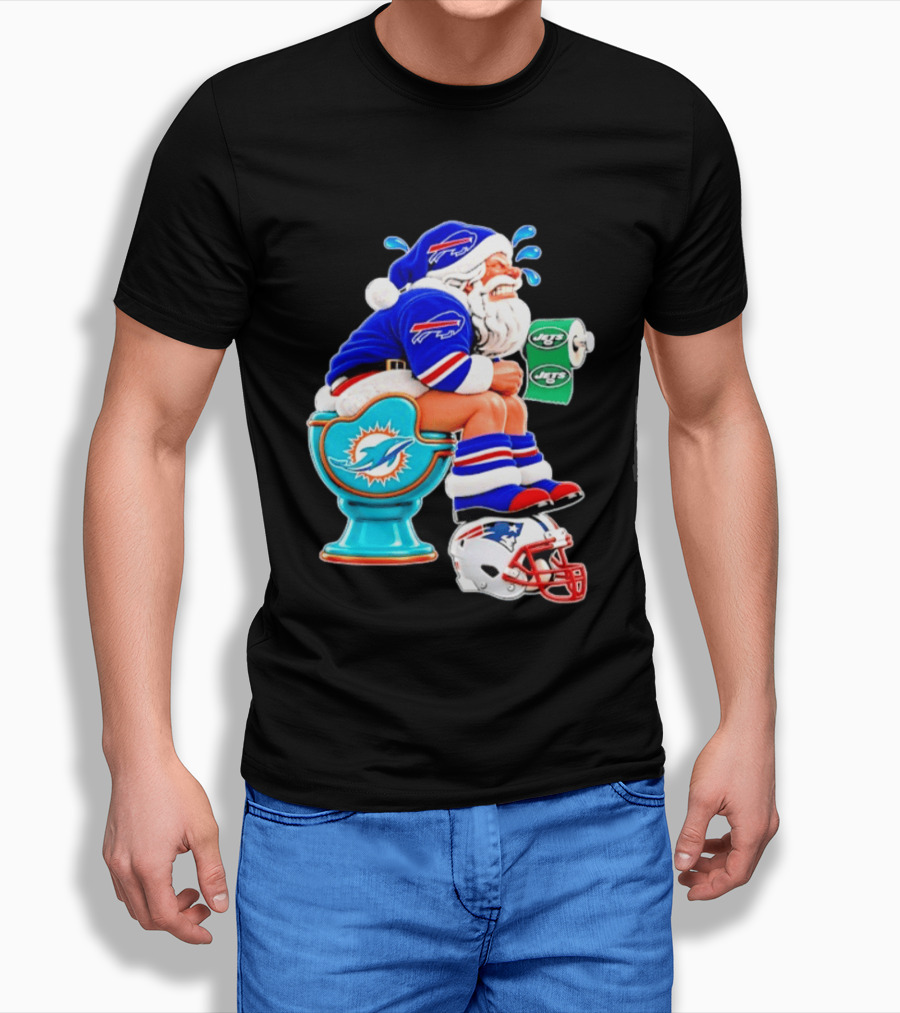 Buffalo Bills Santa On Miami Dolphins Toilet With NY Jets Paper And Patriots Helmet T-Shirt