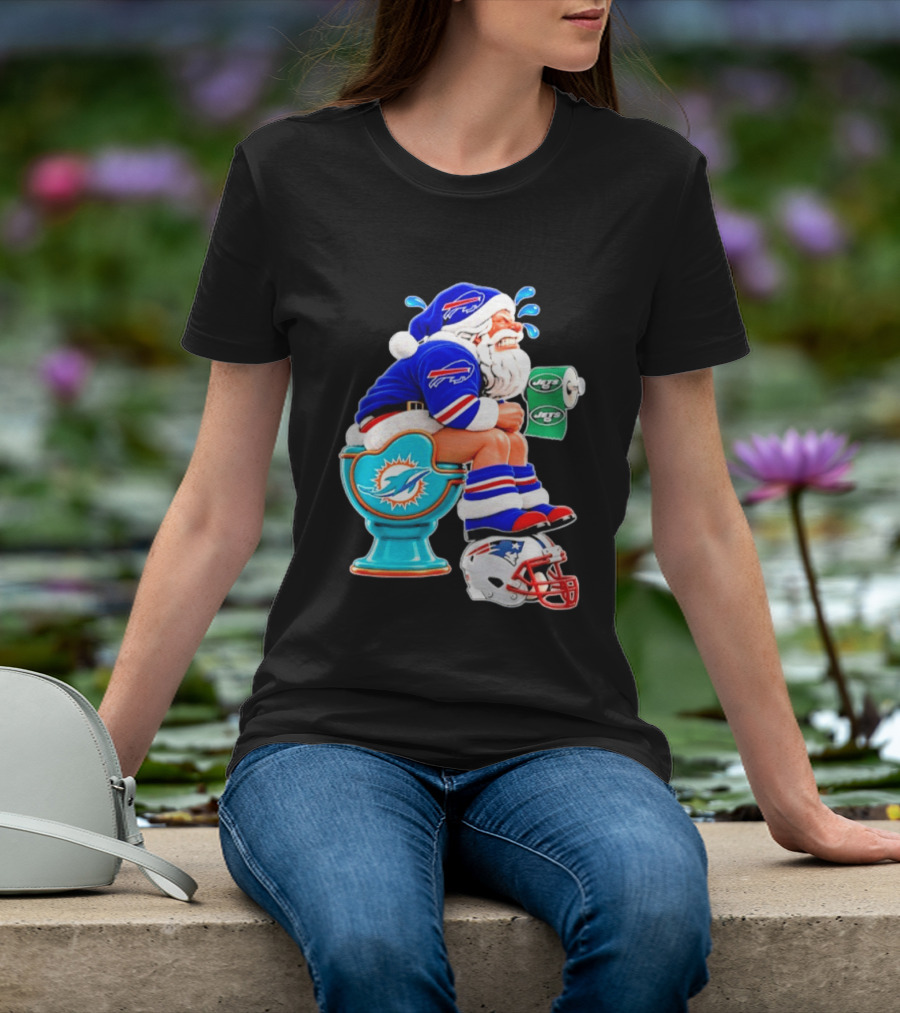 Buffalo Bills Santa On Miami Dolphins Toilet With NY Jets Paper And Patriots Helmet T-Shirt