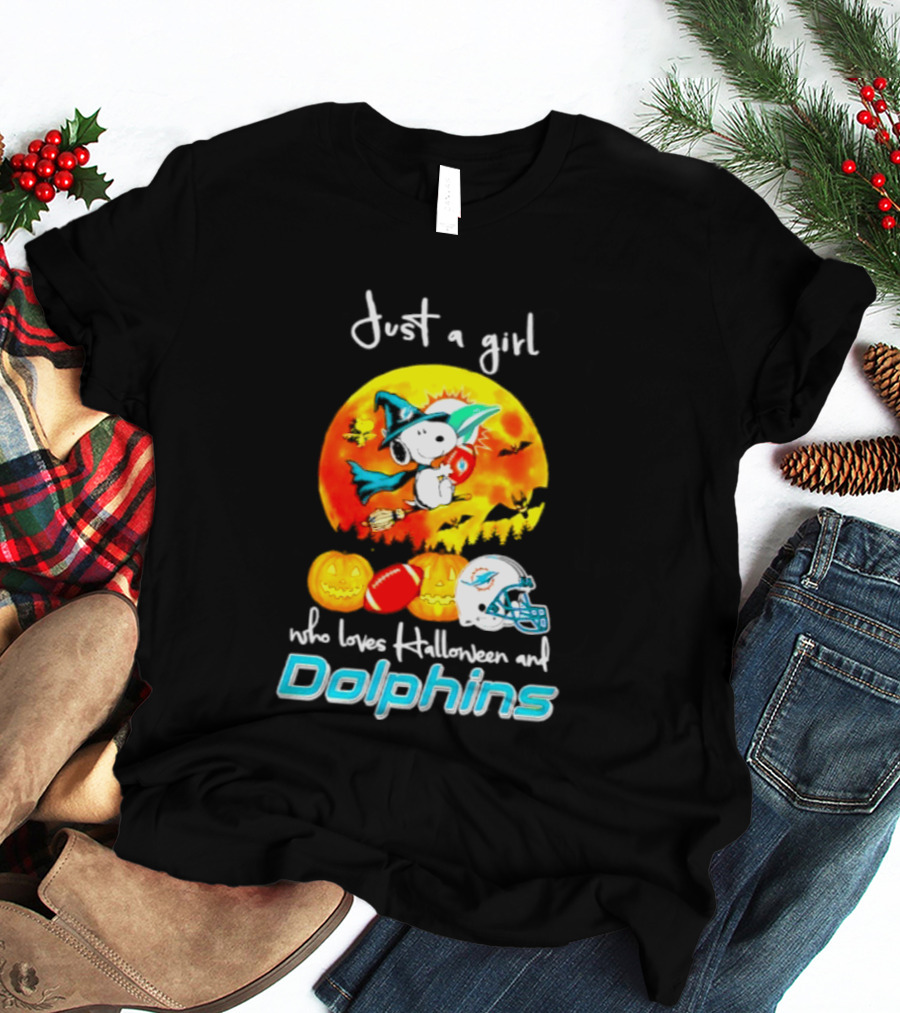 Just A Girl Who Loves Halloween And Miami Dolphins Snoopy Woodstock Pumpkin Football T-Shirt
