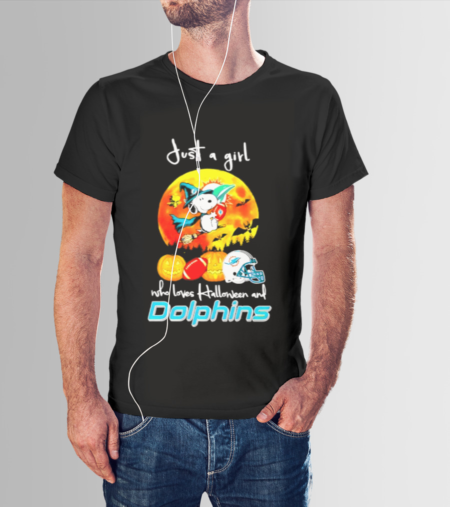 Just A Girl Who Loves Halloween And Miami Dolphins Snoopy Woodstock Pumpkin Football T-Shirt