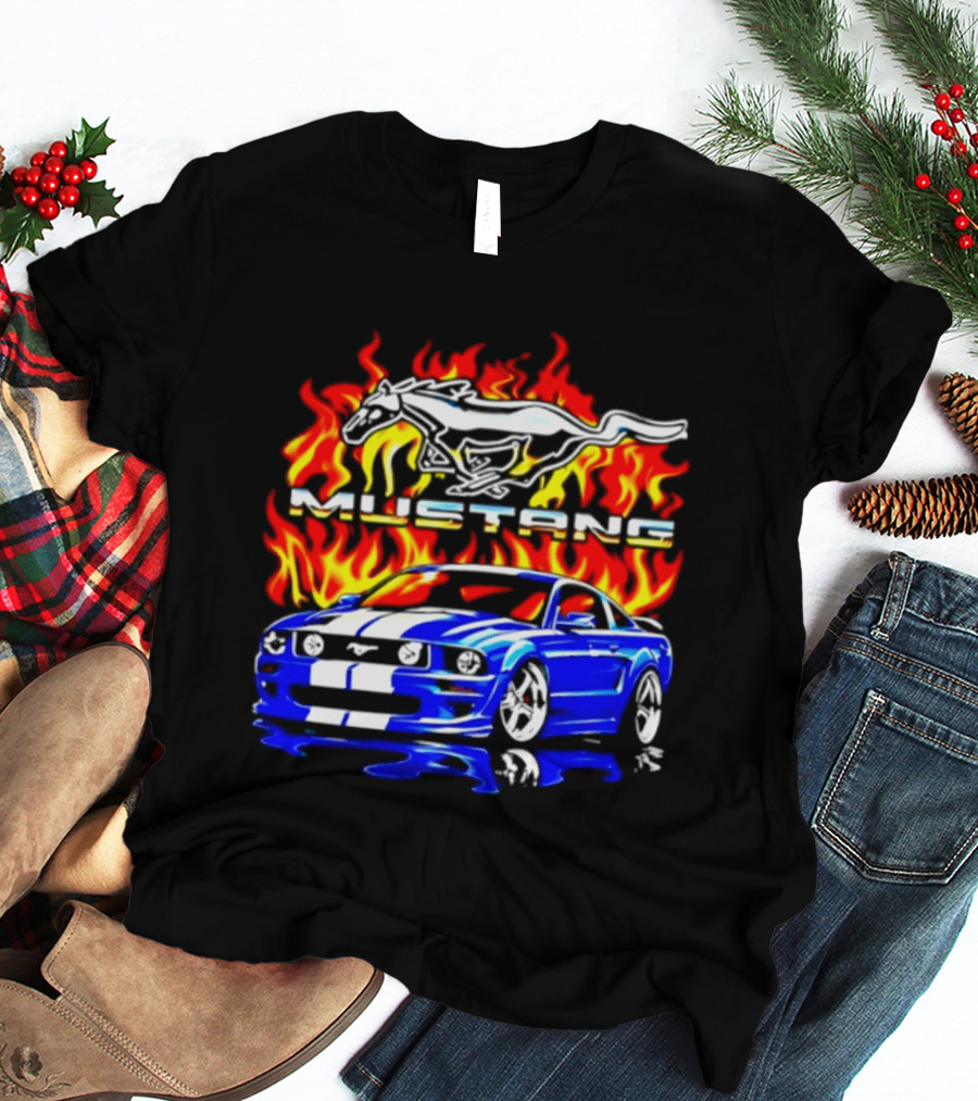 Mustang Blue Car With Flaming Horse And Fire T-Shirt