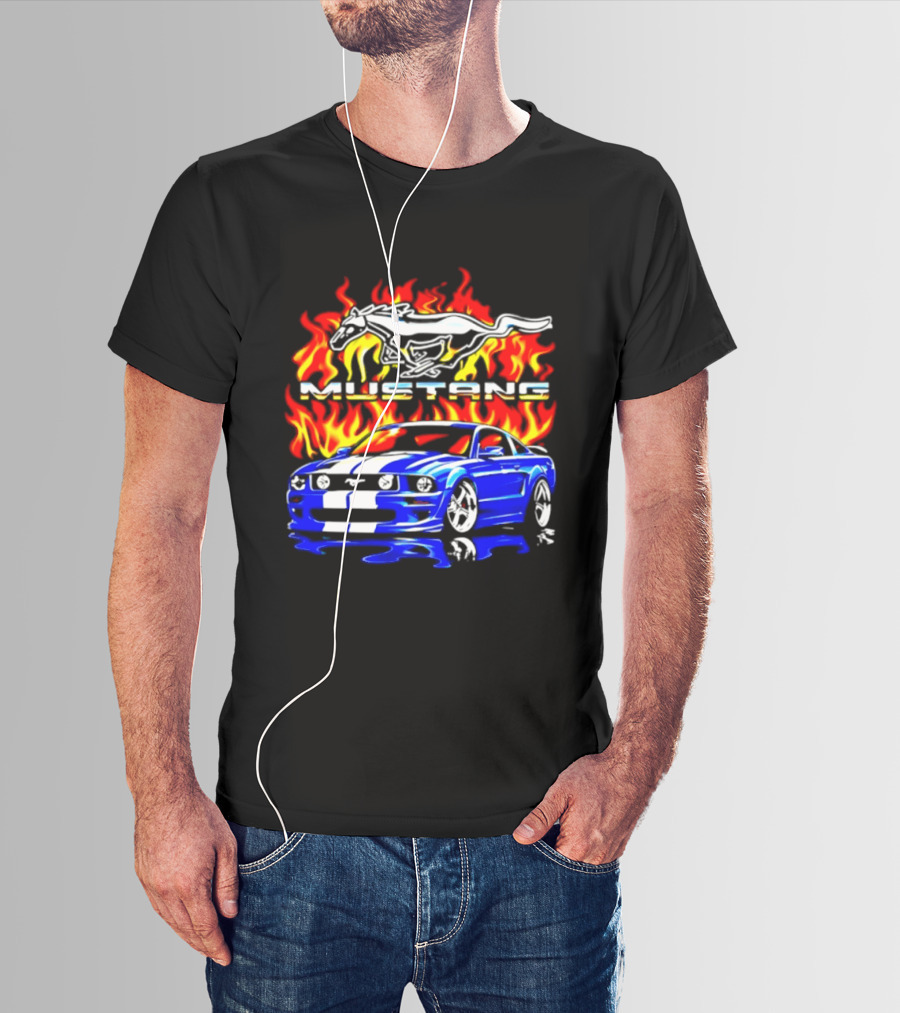 Mustang Blue Car With Flaming Horse And Fire T-Shirt