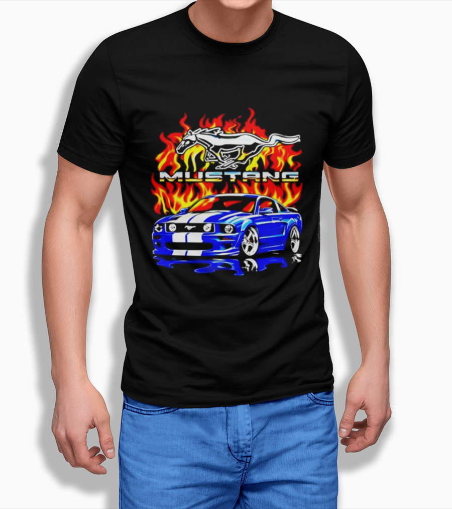 Mustang Blue Car With Flaming Horse And Fire T-Shirt