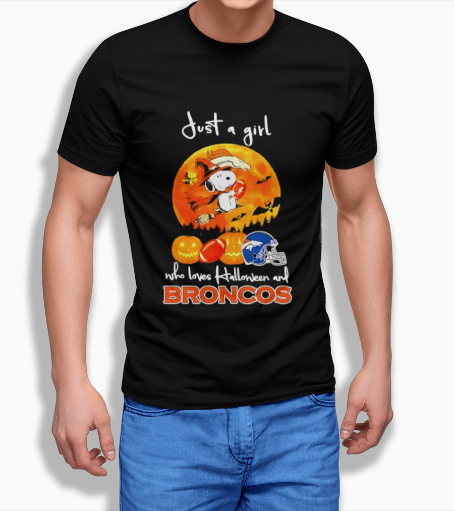 Just A Girl Who Loves Halloween And Broncos Football With Snoopy And Woodstock In Pumpkin T-Shirt