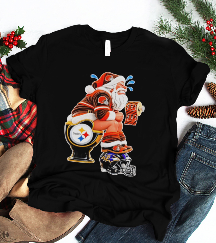 Santa Claus Cleveland Browns Toilet Sitting Steelers Ravens Bengals Meme T-Shirt