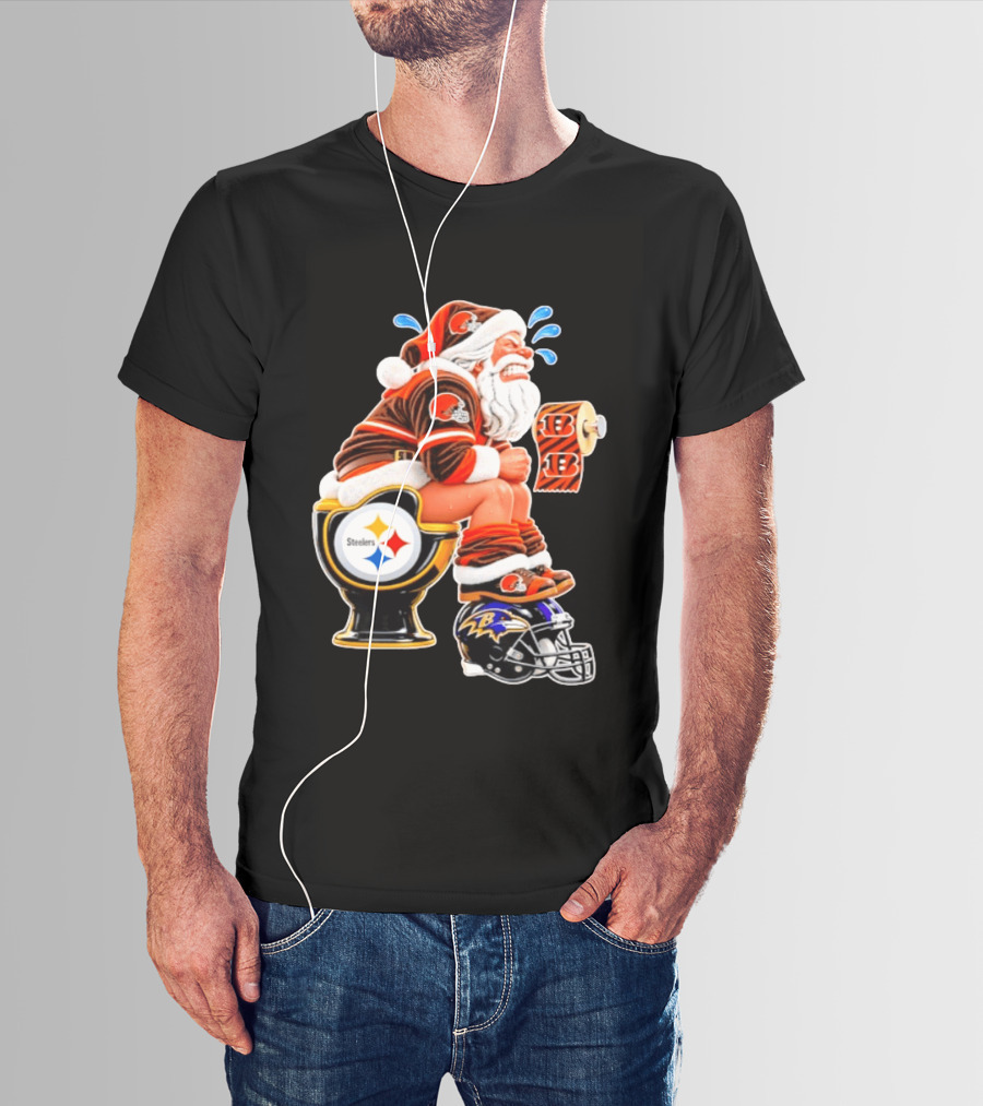 Santa Claus Cleveland Browns Toilet Sitting Steelers Ravens Bengals Meme T-Shirt