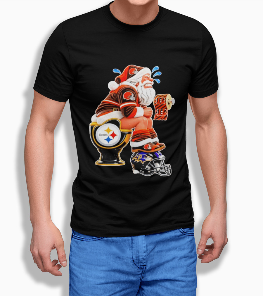 Santa Claus Cleveland Browns Toilet Sitting Steelers Ravens Bengals Meme T-Shirt