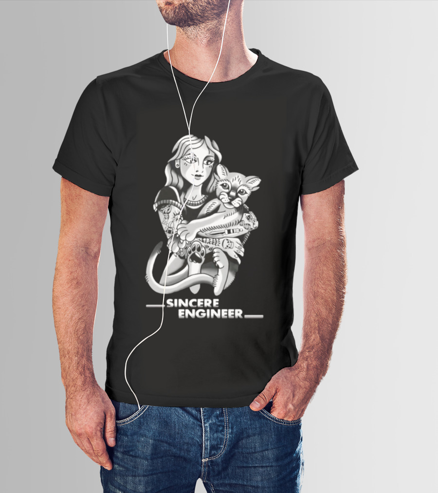 Sincere Engineer Punk Alternative Tattooed Girl Hugging Cat T-Shirt