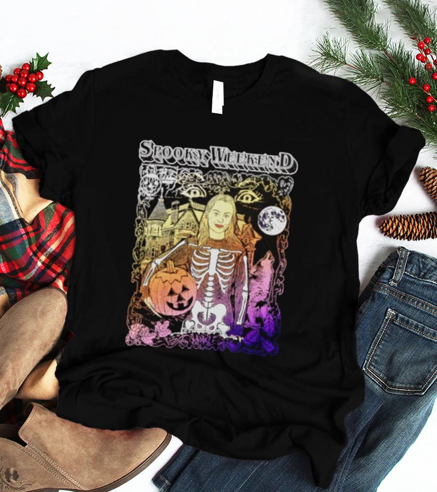 Spooky Weekend Skeleton Pumpkin Haunted House Halloween Magic Moonlit Night T-Shirt