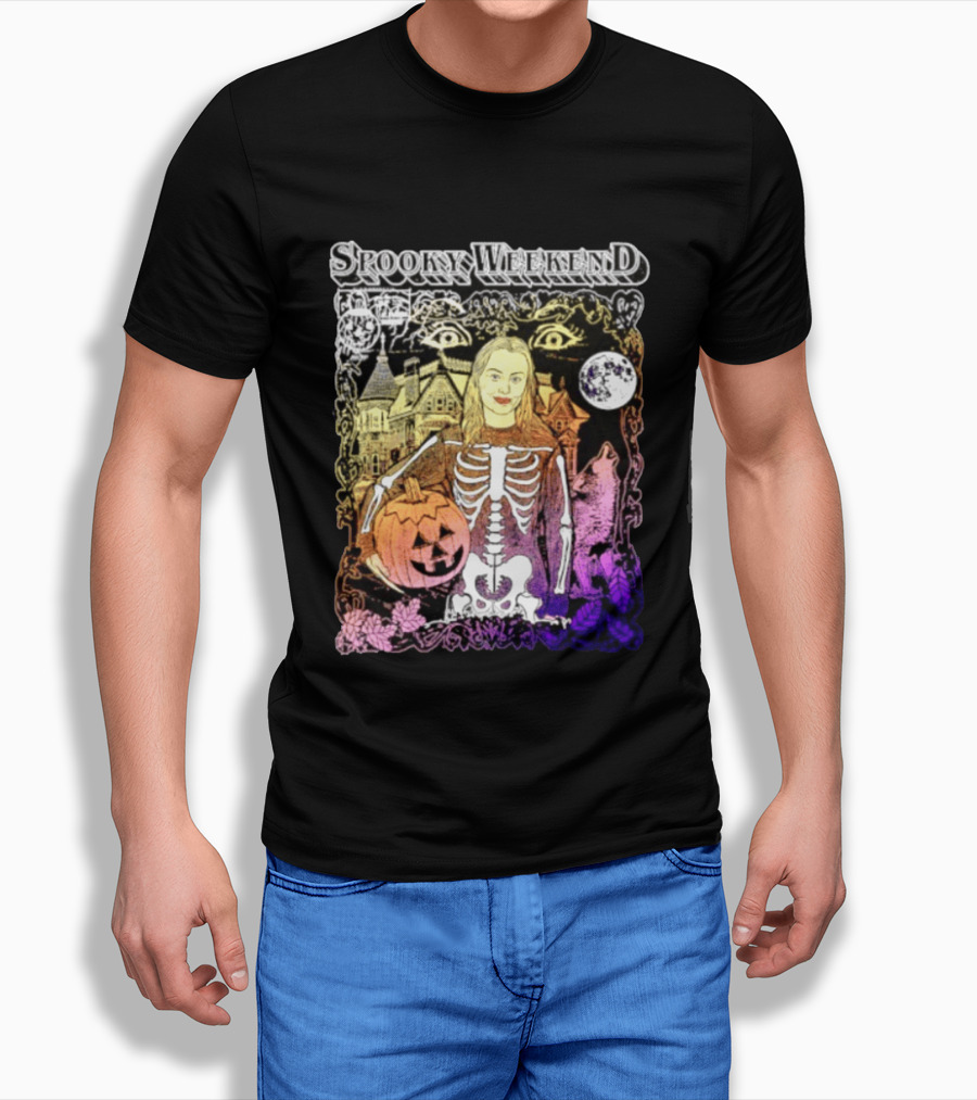 Spooky Weekend Skeleton Pumpkin Haunted House Halloween Magic Moonlit Night T-Shirt