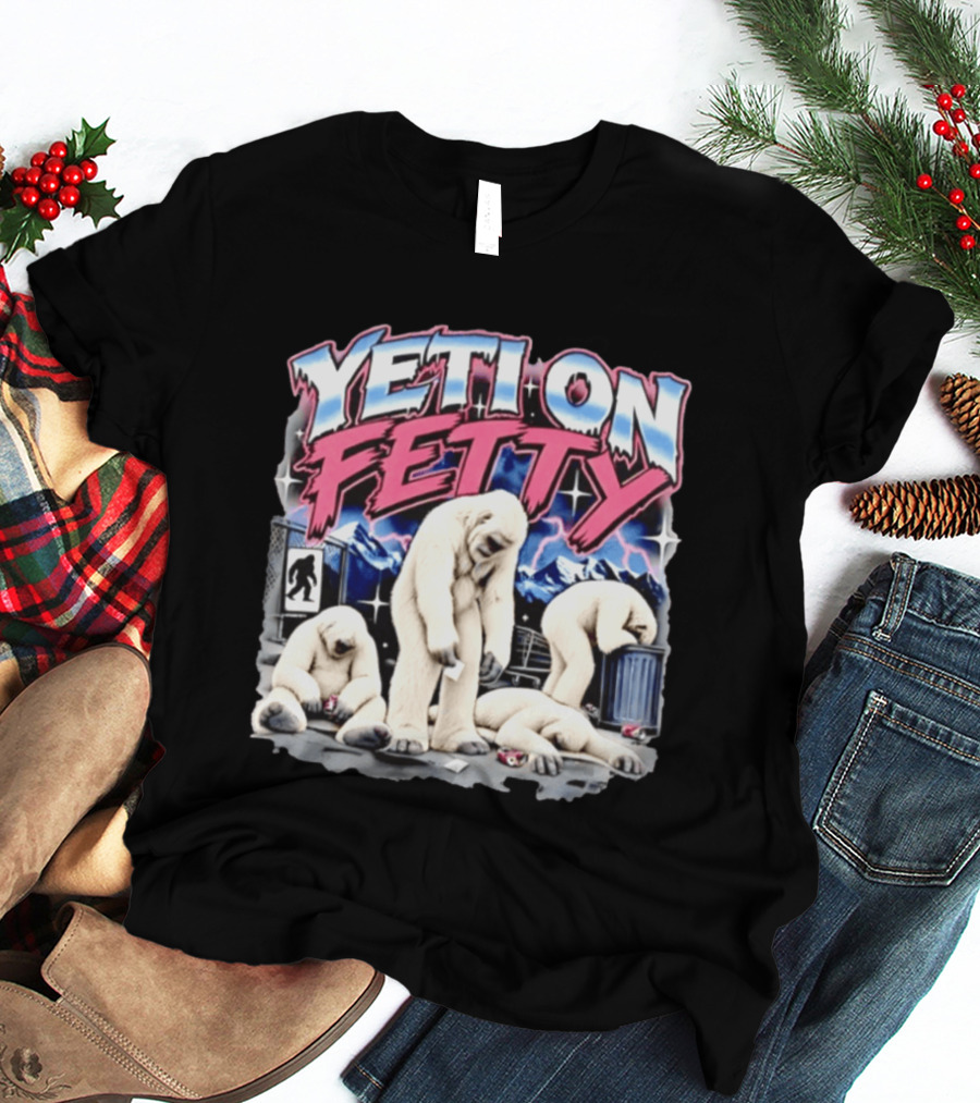 Yeti On Fetty Bigfoot Snowy Mountain Scene T-Shirt