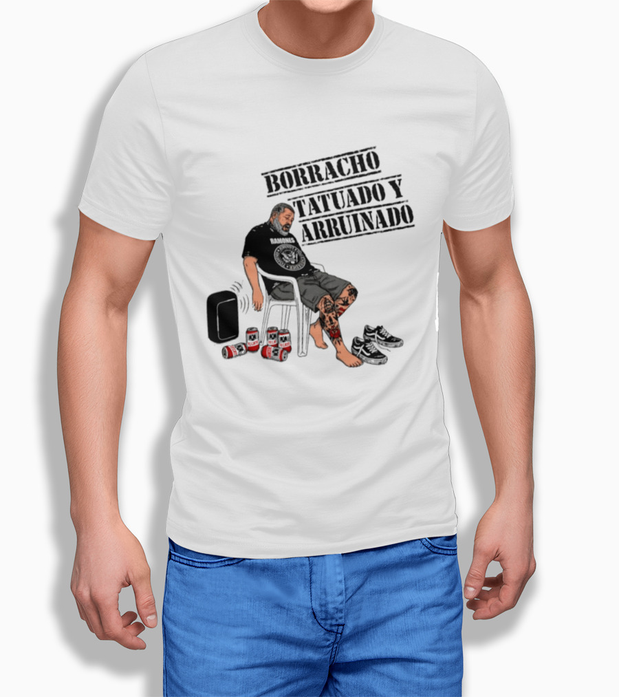 Borracho Tatuado Y Arruinado Hombre Con Pierna Tatuada Y Botellas Vibrando T-Shirt