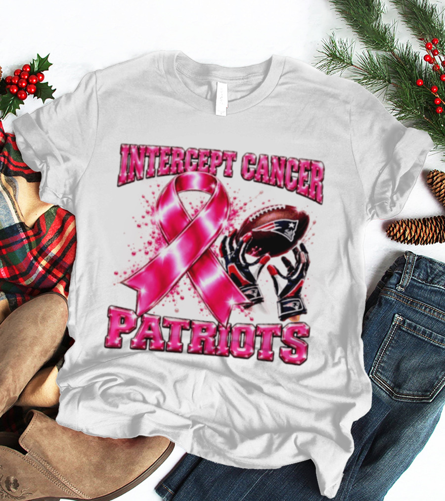 Intercept Cancer New England Patriots 2026 Football Gloves Pink Ribbon Awareness T-Shirt