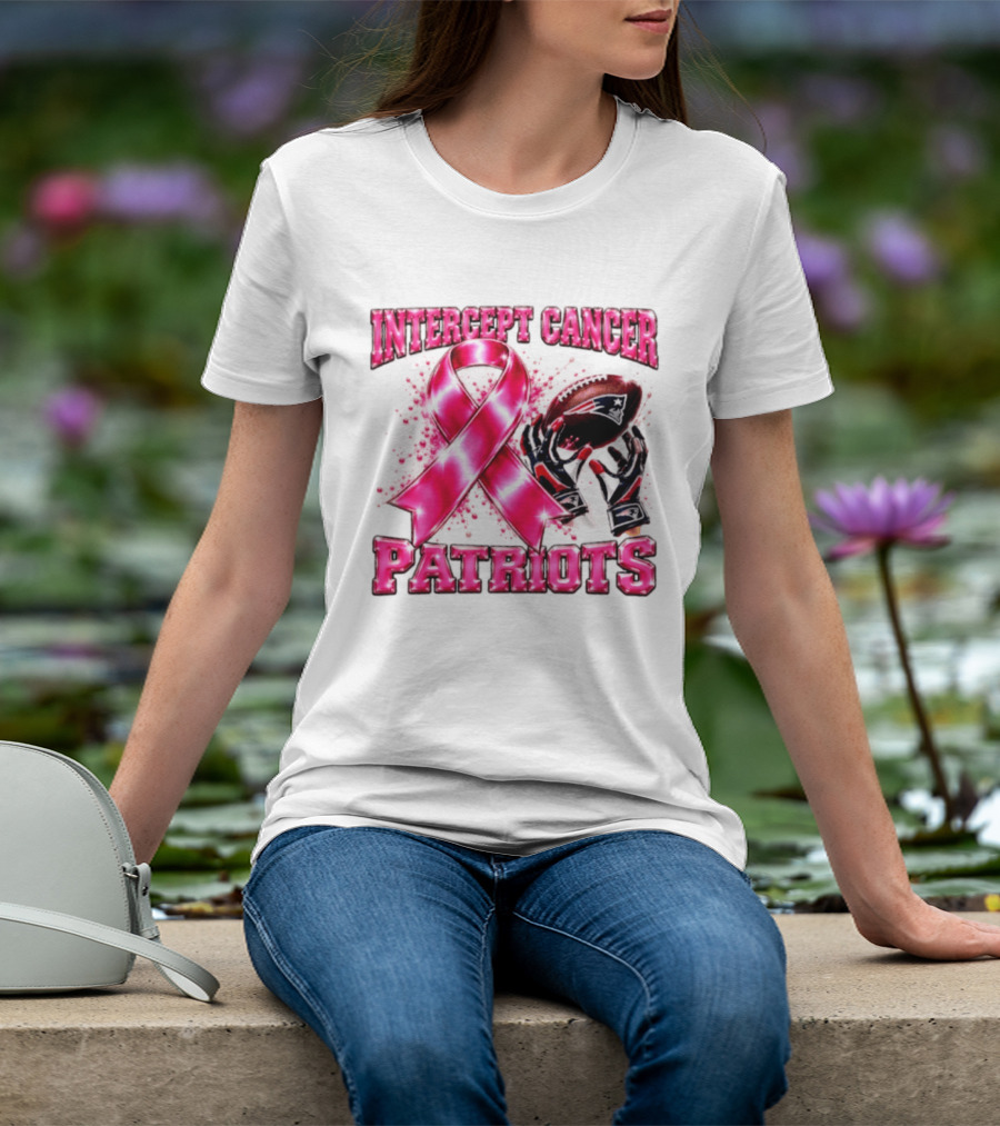 Intercept Cancer New England Patriots 2026 Football Gloves Pink Ribbon Awareness T-Shirt