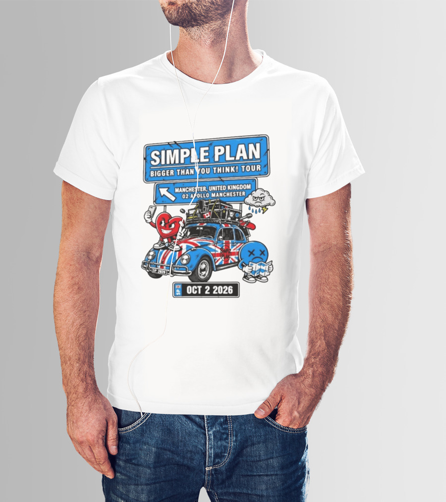 Simple Plan Bigger Than You Think Tour Manchester O2 Apollo Oct 2 2026 Car And Characters T-Shirt