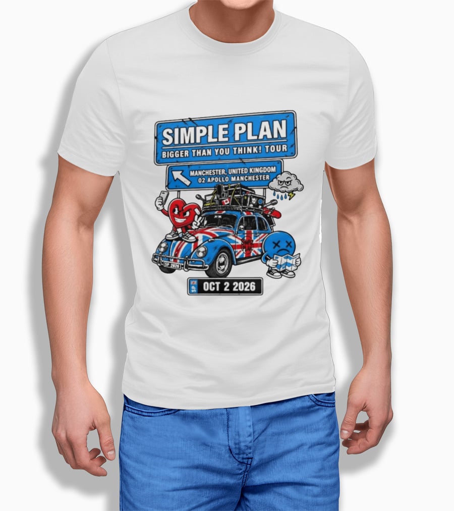 Simple Plan Bigger Than You Think Tour Manchester O2 Apollo Oct 2 2026 Car And Characters T-Shirt