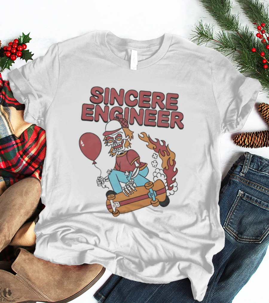 Sincere Engineer Skeleton Skateboarder With Balloon And Flaming Wheels T-Shirt