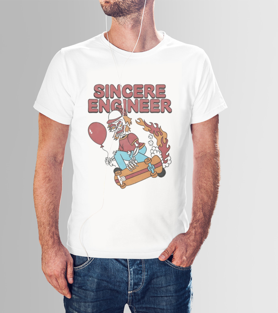 Sincere Engineer Skeleton Skateboarder With Balloon And Flaming Wheels T-Shirt