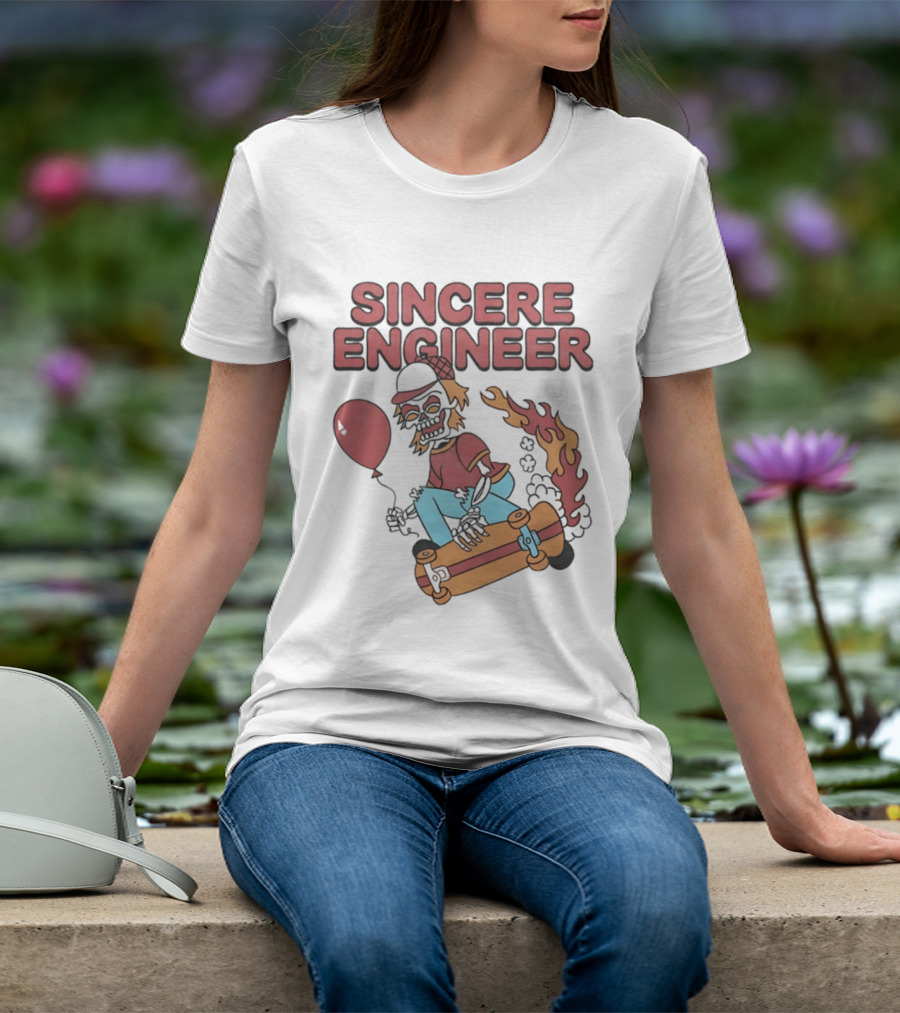 Sincere Engineer Skeleton Skateboarder With Balloon And Flaming Wheels T-Shirt