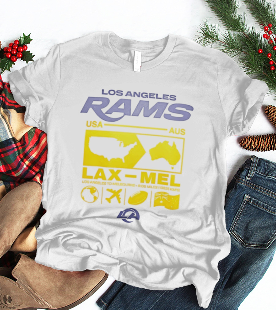 Los Angeles Rams LAX To MEL 2026 USA To Australia Football Journey T-Shirt